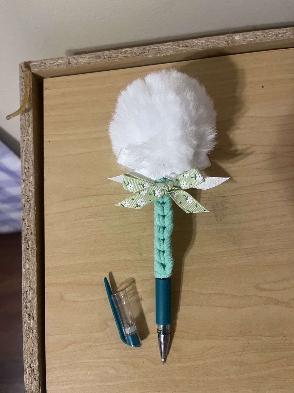 Plush Pom-Pom Braided Kids Pen in Mint Green